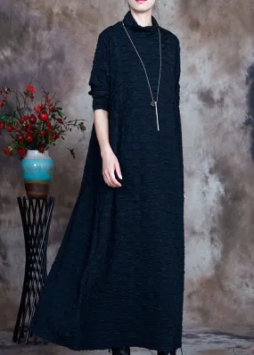 French Navy Turtleneck Circle asymmetrical design  Fall Long sleeve Long Dresses