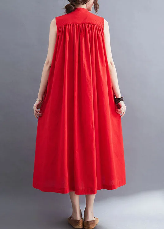 French Red O-Neck Wrinkled Cotton A Line Dresses Sleeveless LY0673