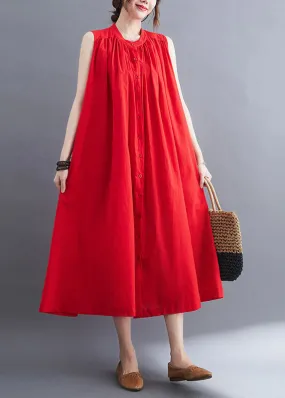 French Red O-Neck Wrinkled Cotton A Line Dresses Sleeveless LY0673