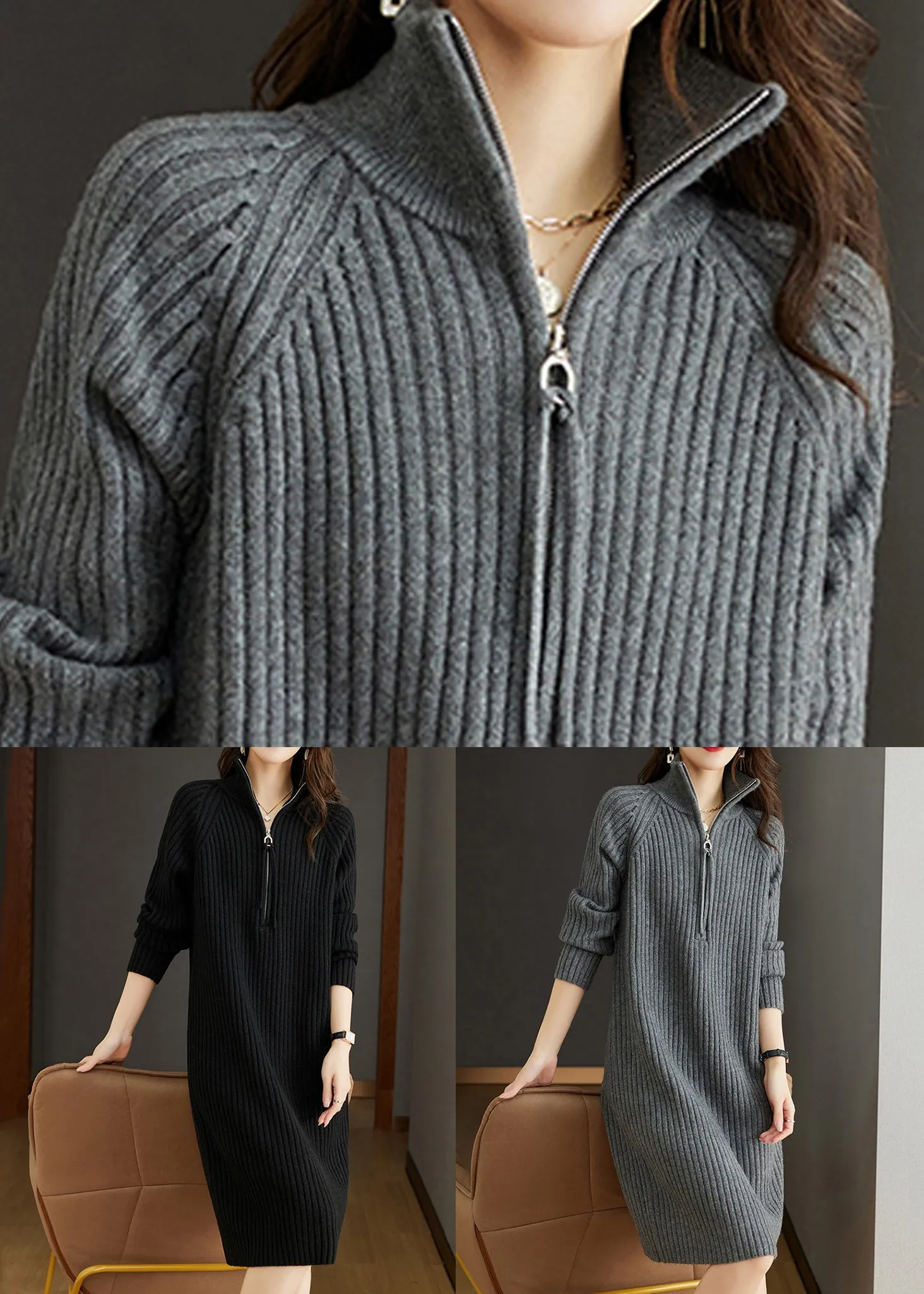 Grey Patchwork Loose Woolen Knit Dresses Turtleneck Long Sleeve ML1784