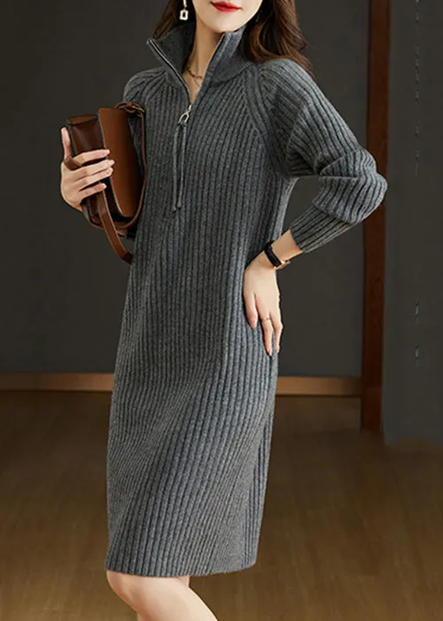 Grey Patchwork Loose Woolen Knit Dresses Turtleneck Long Sleeve ML1784