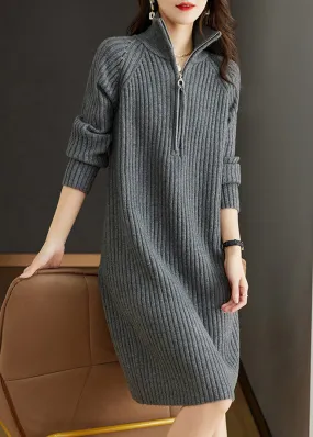 Grey Patchwork Loose Woolen Knit Dresses Turtleneck Long Sleeve ML1784