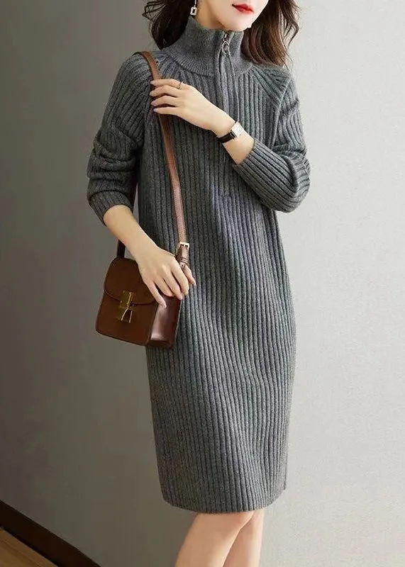 Grey Patchwork Loose Woolen Knit Dresses Turtleneck Long Sleeve ML1784