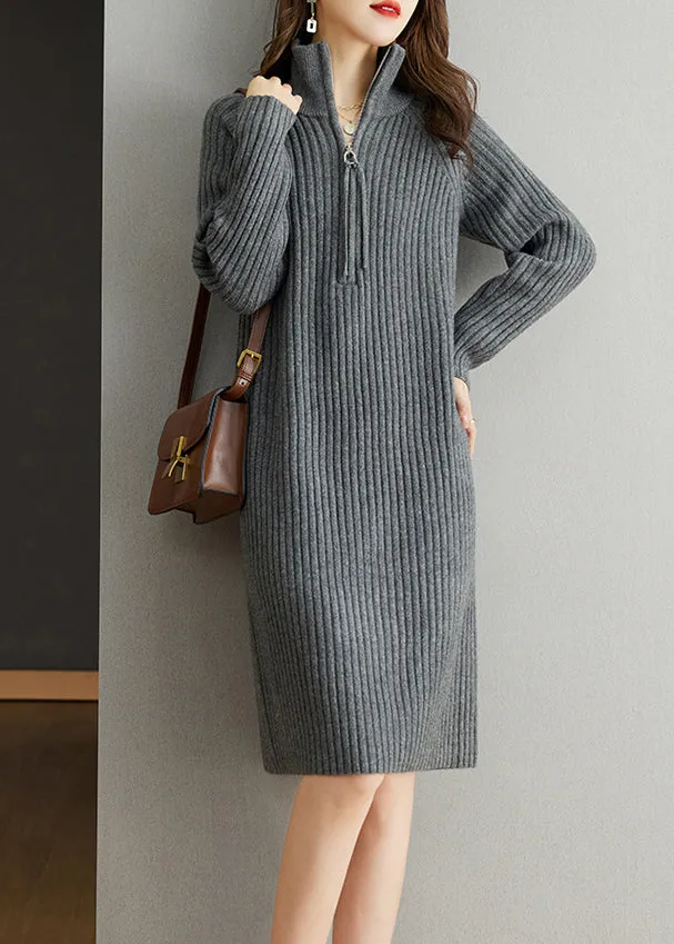 Grey Patchwork Loose Woolen Knit Dresses Turtleneck Long Sleeve ML1784