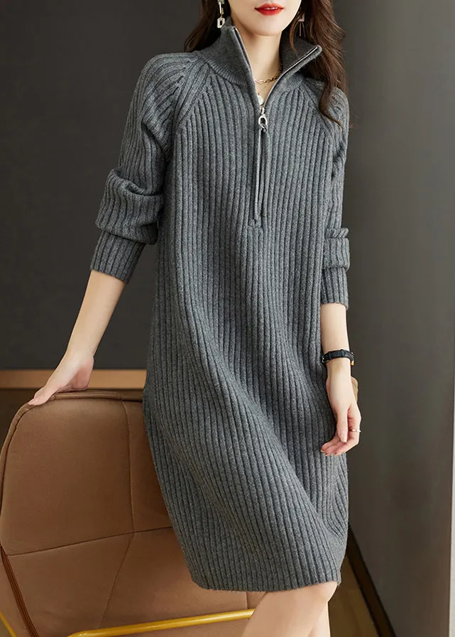 Grey Patchwork Loose Woolen Knit Dresses Turtleneck Long Sleeve ML1784