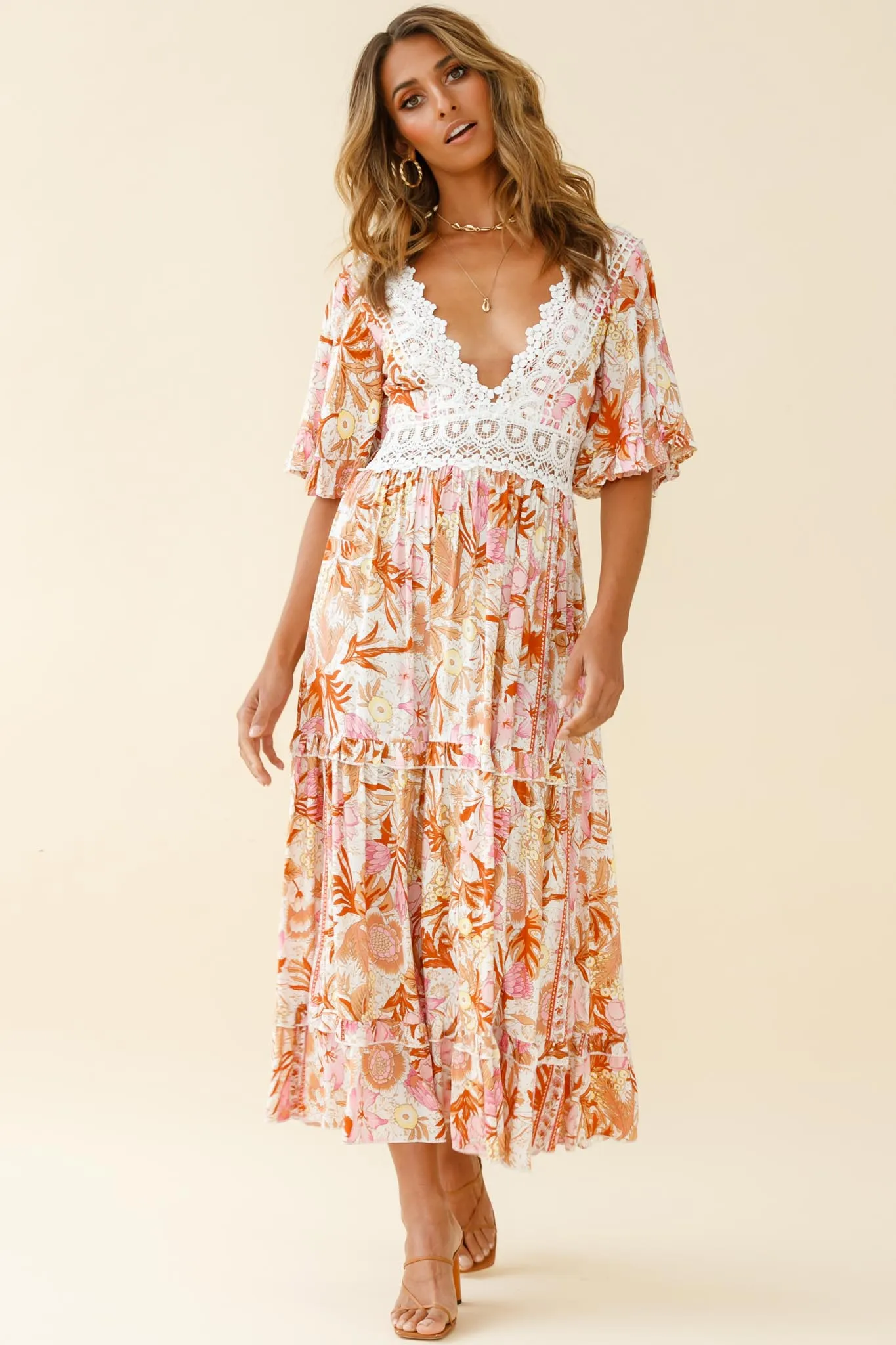 Indio Crochet Insert Deep V-Neckline Angel Sleeve Maxi Dress Floral Print Pink