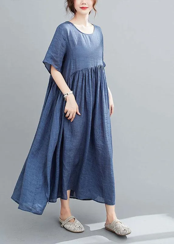 Italian Blue Pockets Maxi Dresses Short Sleeve Summer