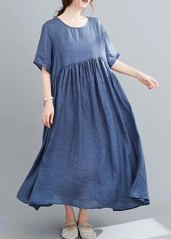 Italian Blue Pockets Maxi Dresses Short Sleeve Summer