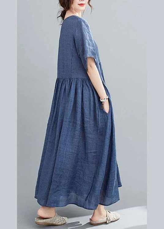 Italian Blue Pockets Maxi Dresses Short Sleeve Summer