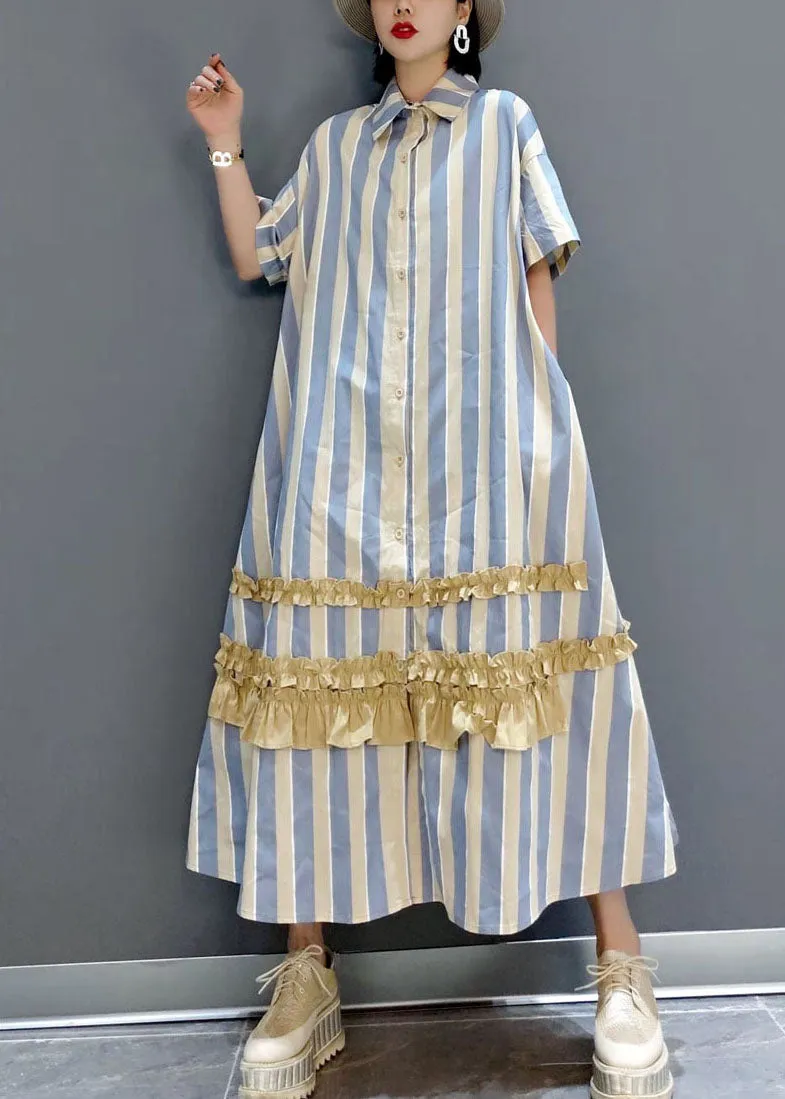 Italian Yellow Ruffled Peter Pan Collar button Striped shirt Dresses Short Sleeve