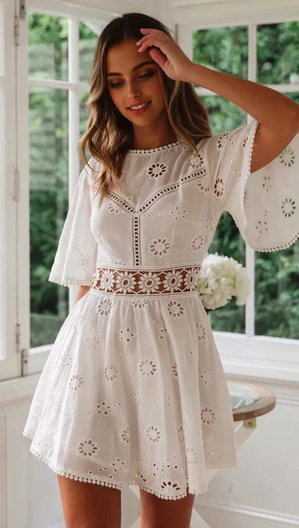 JuliaFashion - 2024 White Lace Floral Embroidery Short Sleeve Mini Dress