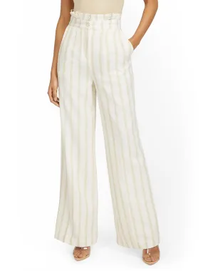 Linen-Blend Stripe Paperbag Wide-Leg Pant