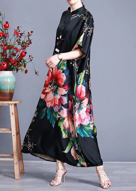 Luxy Black Silk Dress Long Batwing Sleeve Maxi Dresses Caftan