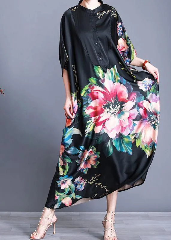 Luxy Black Silk Dress Long Batwing Sleeve Maxi Dresses Caftan