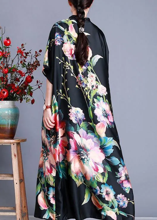 Luxy Black Silk Dress Long Batwing Sleeve Maxi Dresses Caftan