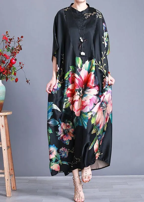 Luxy Black Silk Dress Long Batwing Sleeve Maxi Dresses Caftan