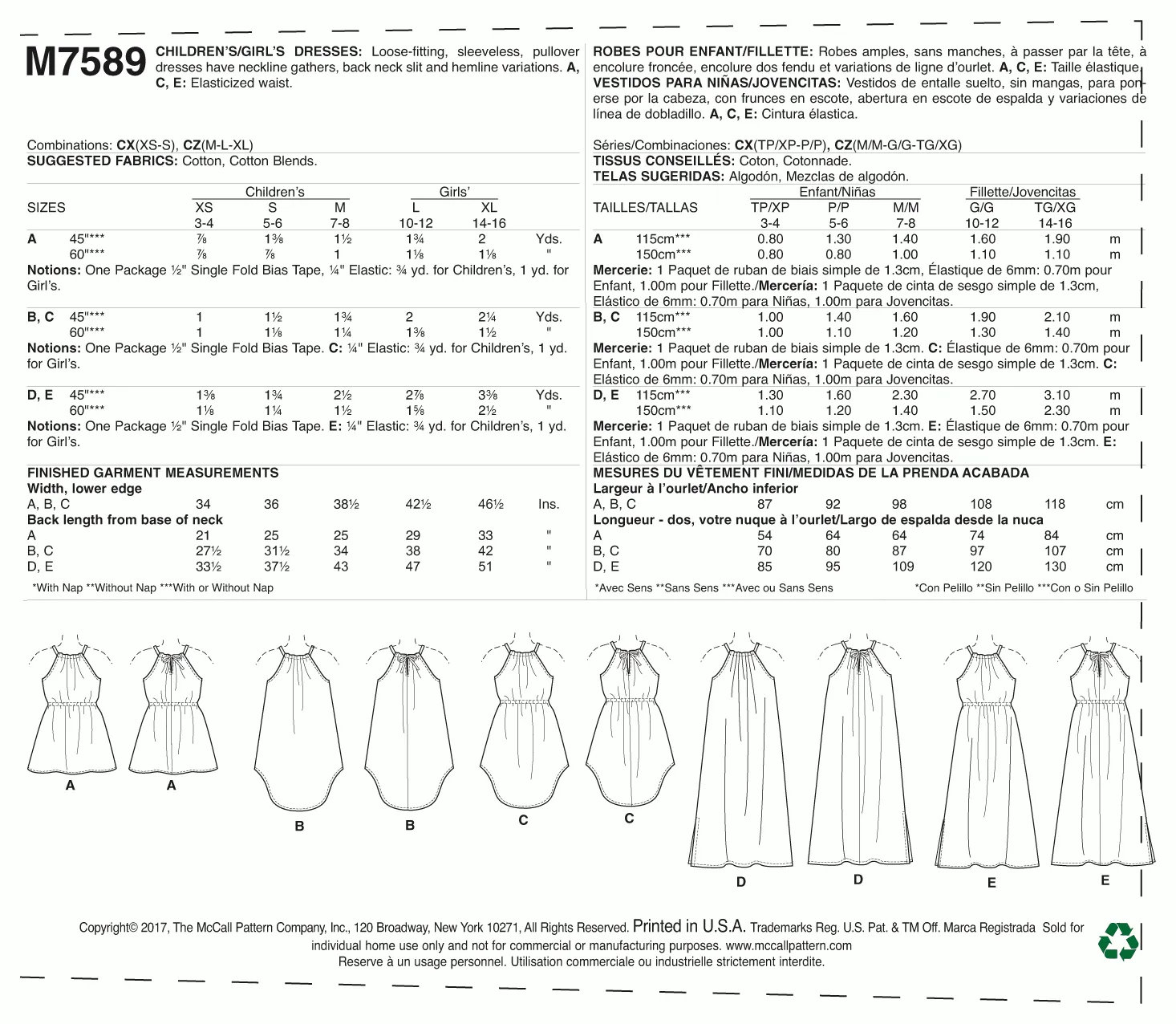 McCall's Pattern M7589 Children's/Girls' Gathered Neckline Sleeveless Dresses