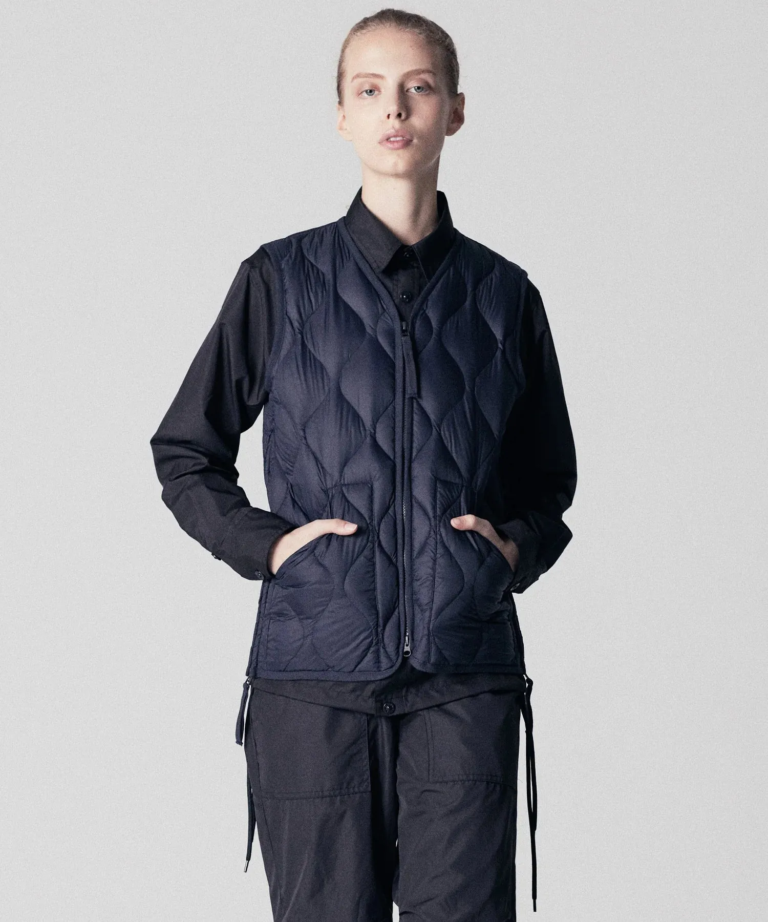 Military V-Neck W-Zip Down Vest (Soft Shell) in Dark Navy