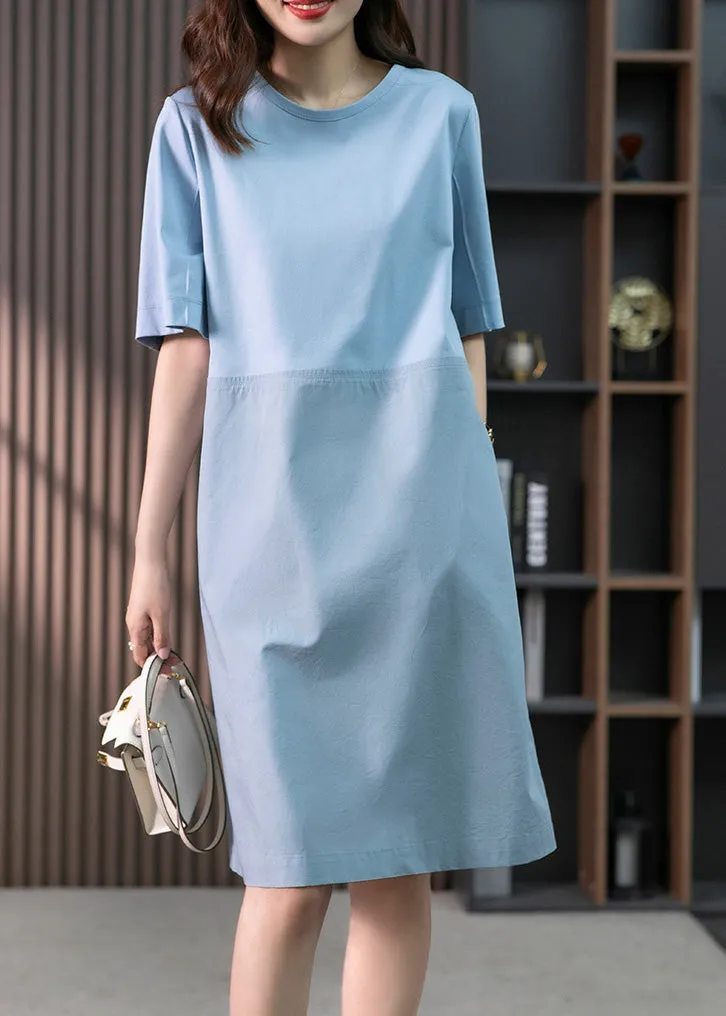 Modern Blue O-Neck Patchwork Cotton Maxi Dresses Short Sleeve LY1760