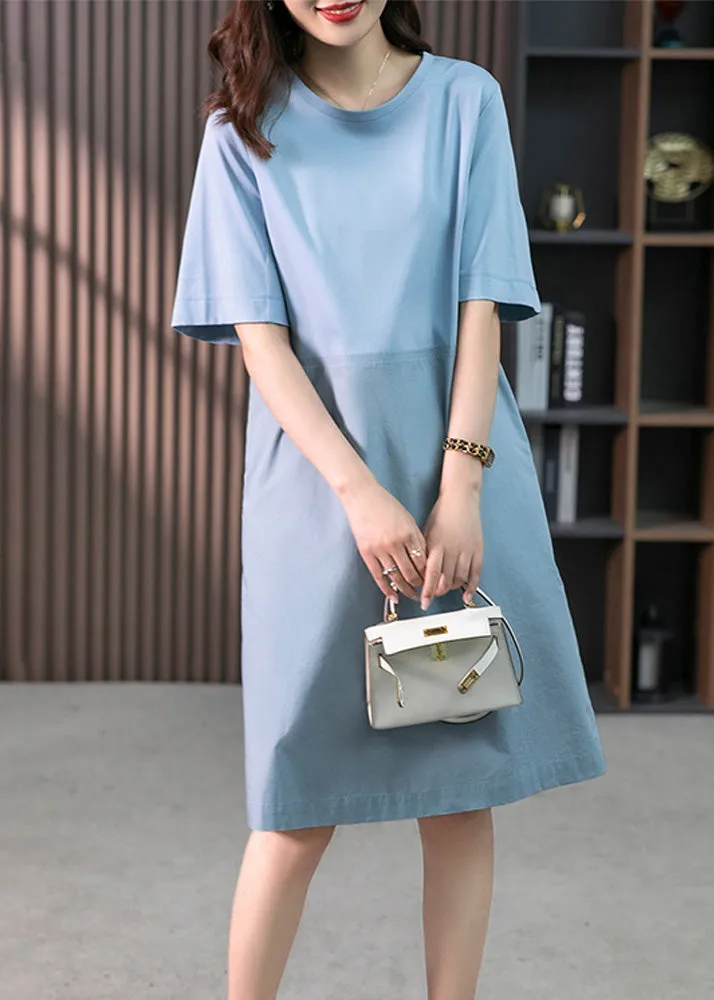 Modern Blue O-Neck Patchwork Cotton Maxi Dresses Short Sleeve LY1760