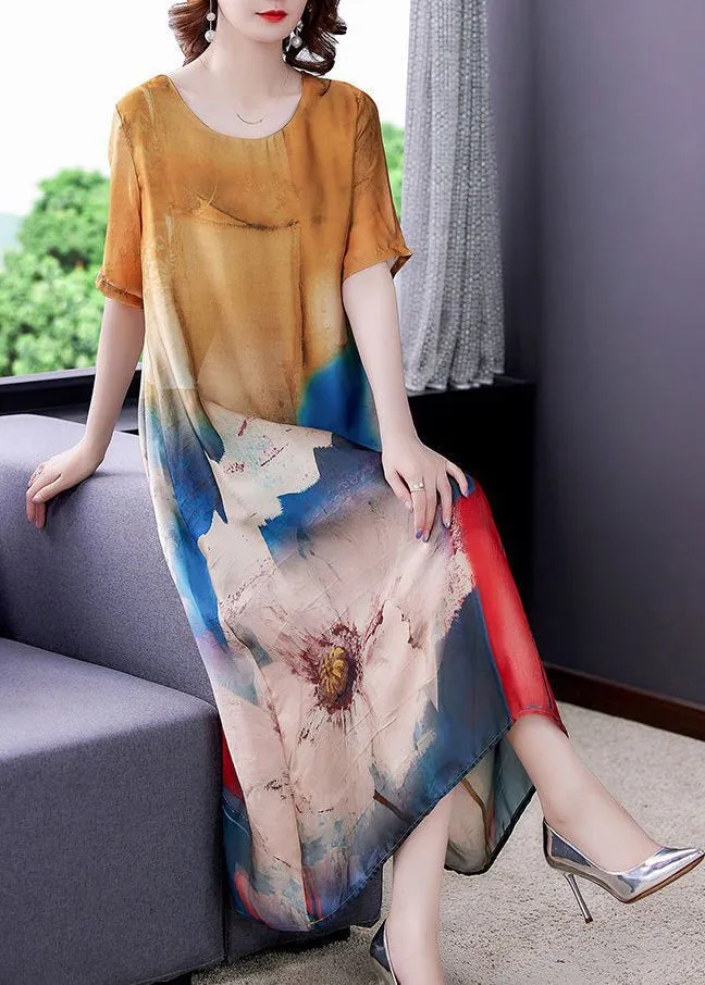 Modern Yellow Oversized Print Silk Long Dresses Summer LY3730