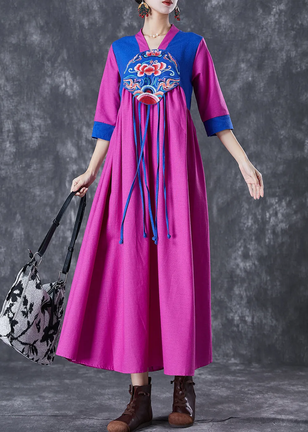 National Style Purple Red Embroideried Patchwork Tasseled Linen Dresses Summer LY7099