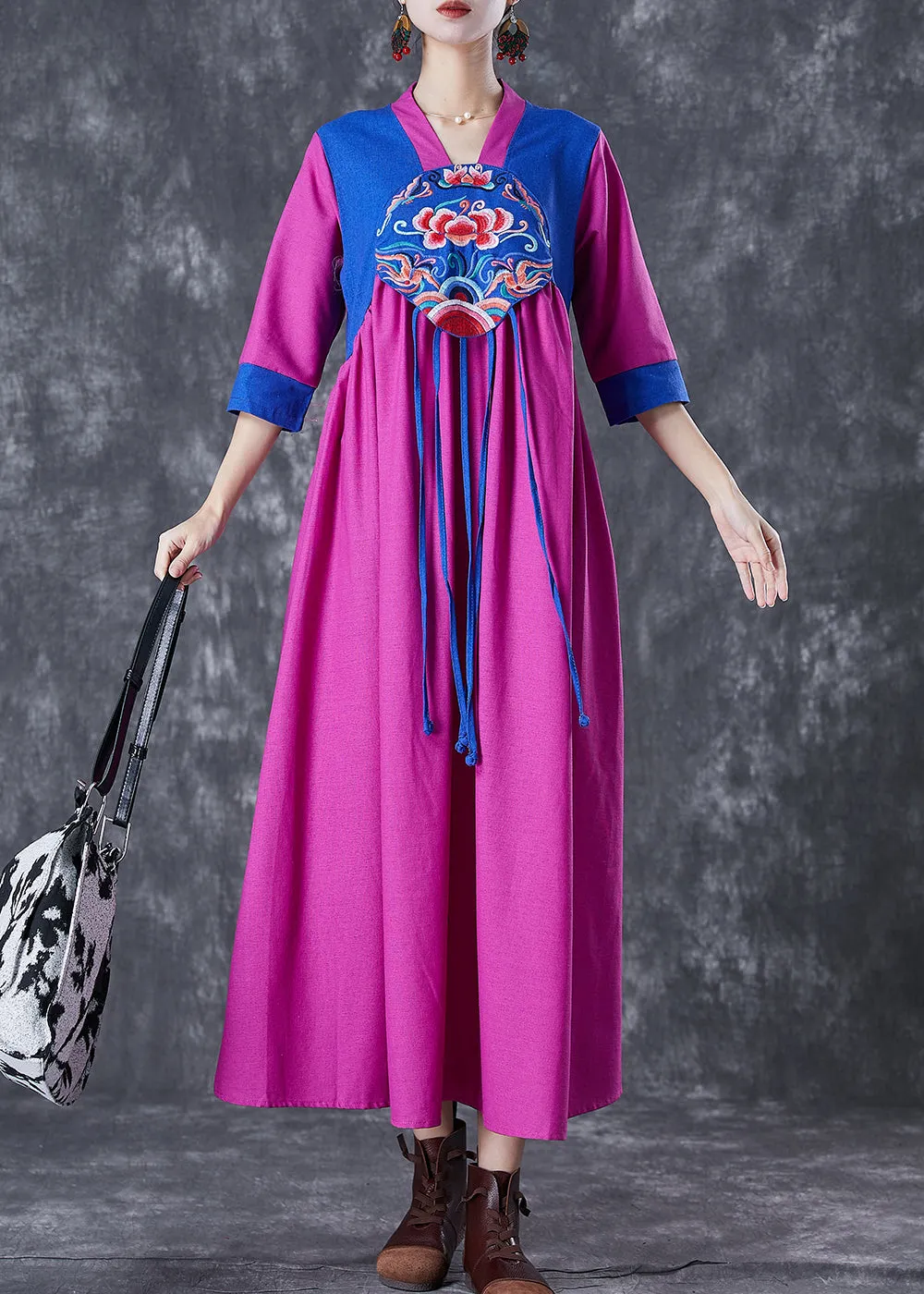 National Style Purple Red Embroideried Patchwork Tasseled Linen Dresses Summer LY7099