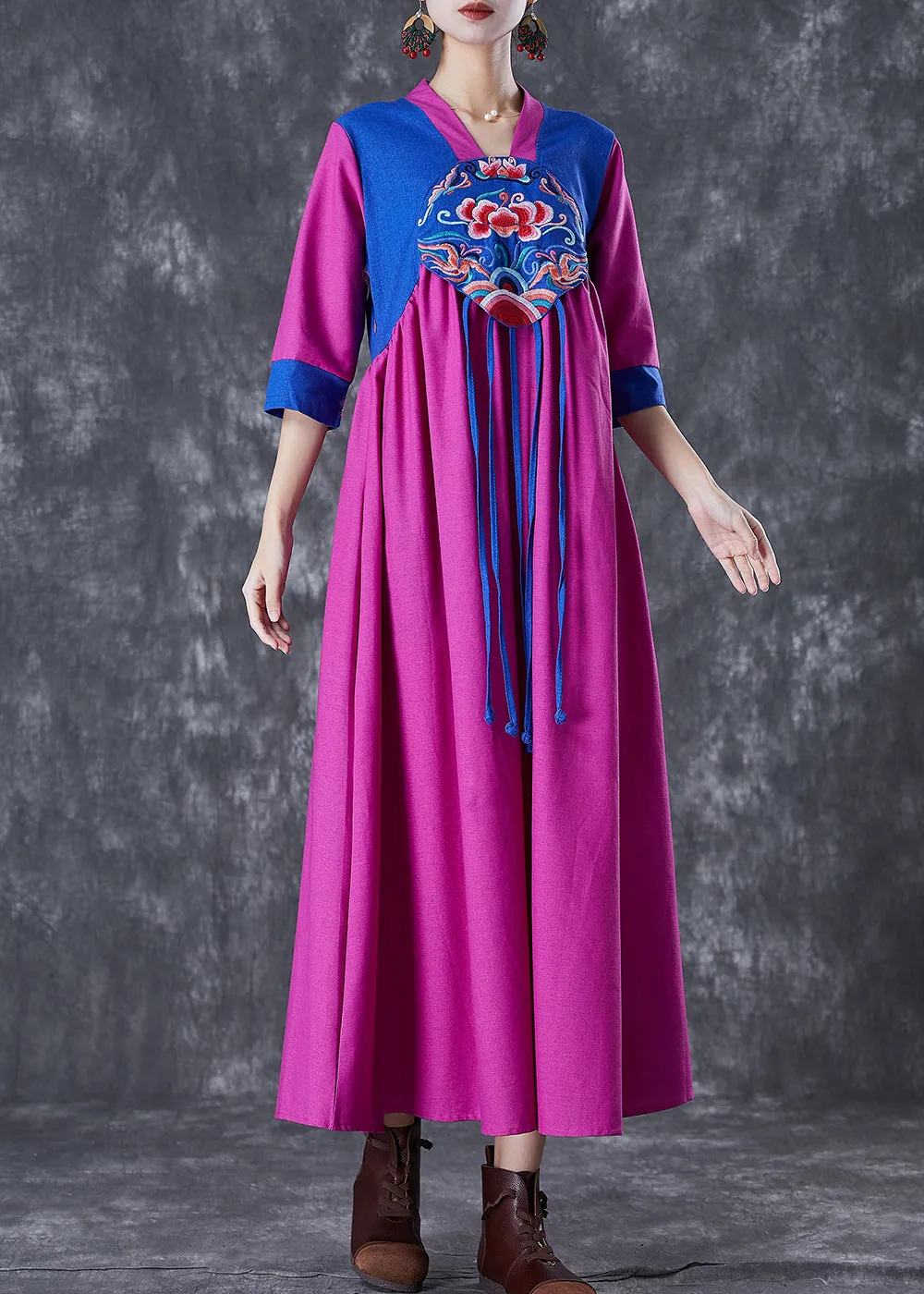 National Style Purple Red Embroideried Patchwork Tasseled Linen Dresses Summer LY7099