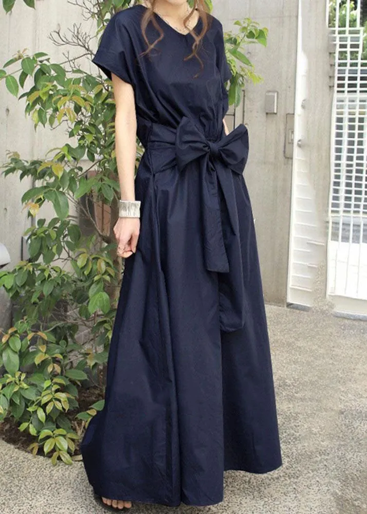 Navy Patchwork Cotton Long Dresses V Neck Wrinkled Summer LY1319