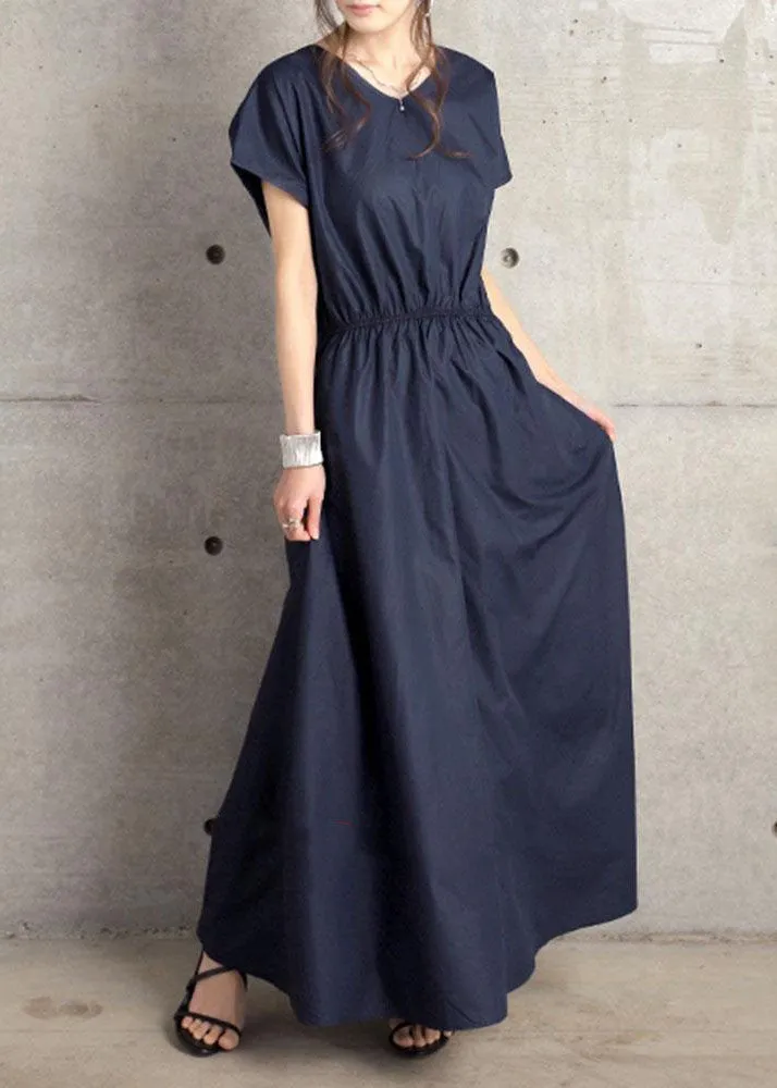 Navy Patchwork Cotton Long Dresses V Neck Wrinkled Summer LY1319