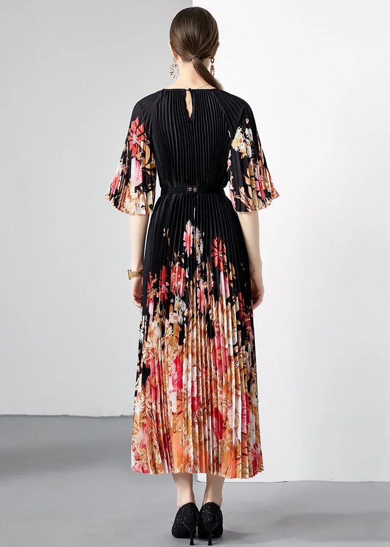 New Black Print Wrinkled Loose Patchwork Loose Chiffon Long Dresses Half Sleeve LY7450