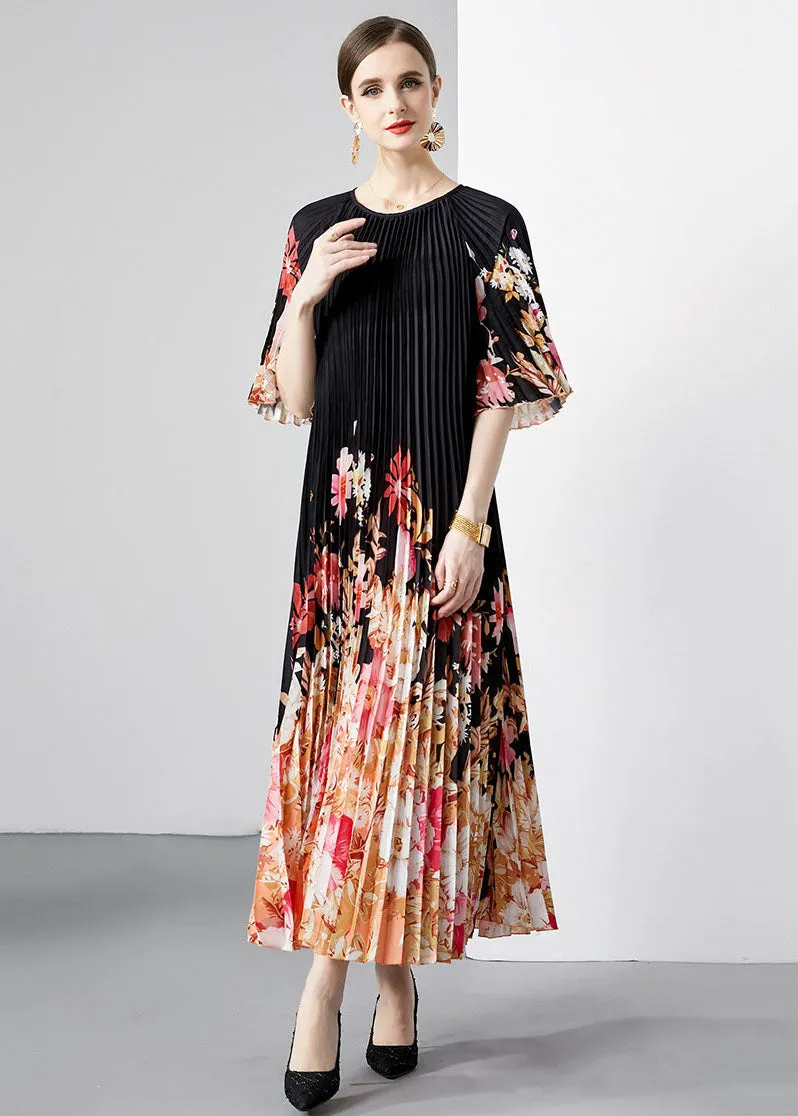 New Black Print Wrinkled Loose Patchwork Loose Chiffon Long Dresses Half Sleeve LY7450