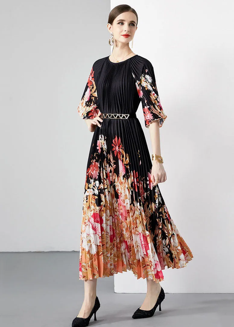 New Black Print Wrinkled Loose Patchwork Loose Chiffon Long Dresses Half Sleeve LY7450