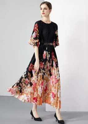 New Black Print Wrinkled Loose Patchwork Loose Chiffon Long Dresses Half Sleeve LY7450