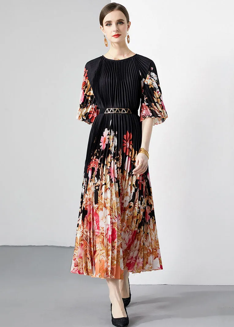 New Black Print Wrinkled Loose Patchwork Loose Chiffon Long Dresses Half Sleeve LY7450