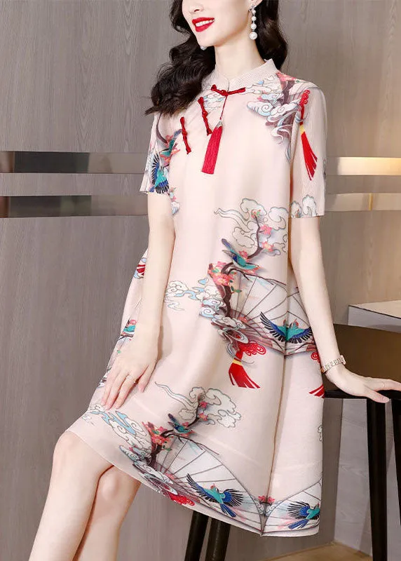 Original Design Apricot Mandarin Collar Print Oriental Button Wrinkled Silk A Line Dresses Short Sleeve