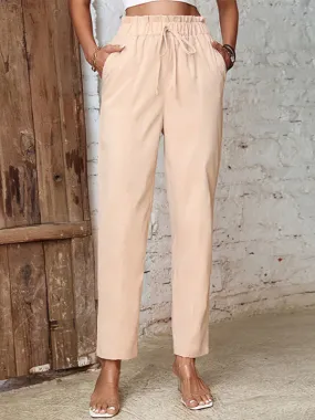 Paperbag Waist Trousers - Adjustable Drawstring, Side Pockets Pants