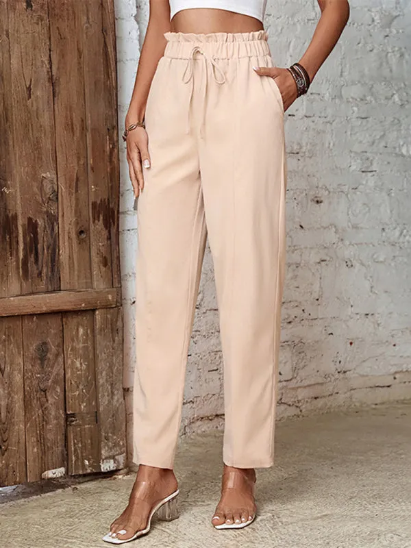 Paperbag Waist Trousers - Adjustable Drawstring, Side Pockets Pants