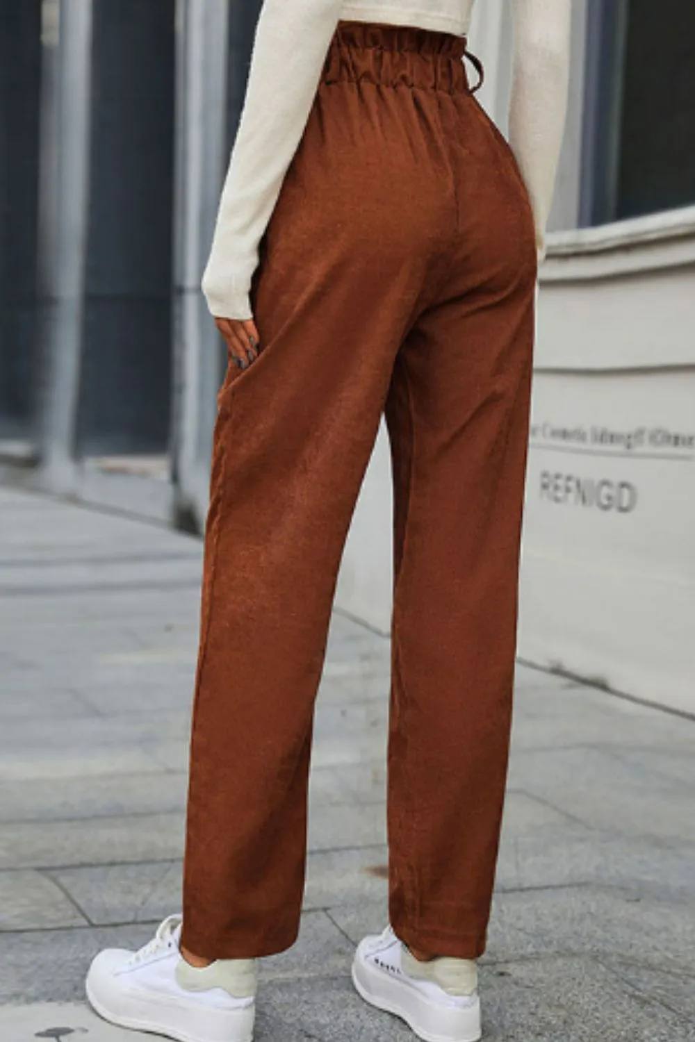 Perfee Paperbag Waist Straight Leg Pants with Pockets