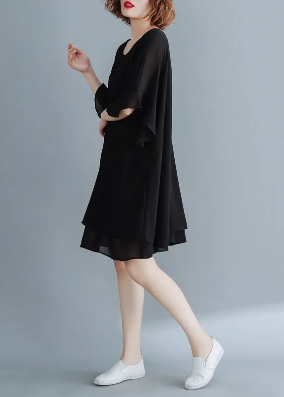 Plus Size Black O-Neck Chiffon Holiday Dresses flare sleeve