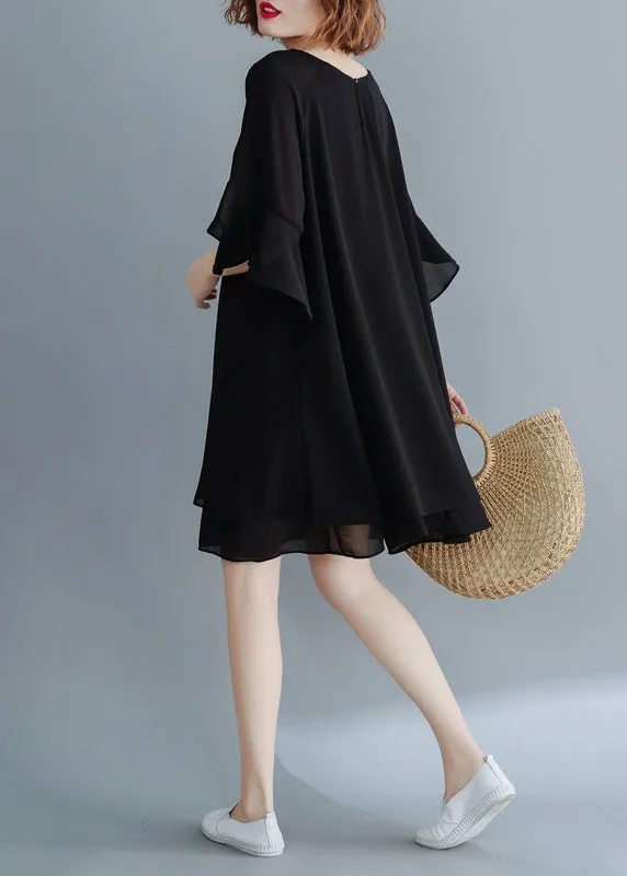 Plus Size Black O-Neck Chiffon Holiday Dresses flare sleeve