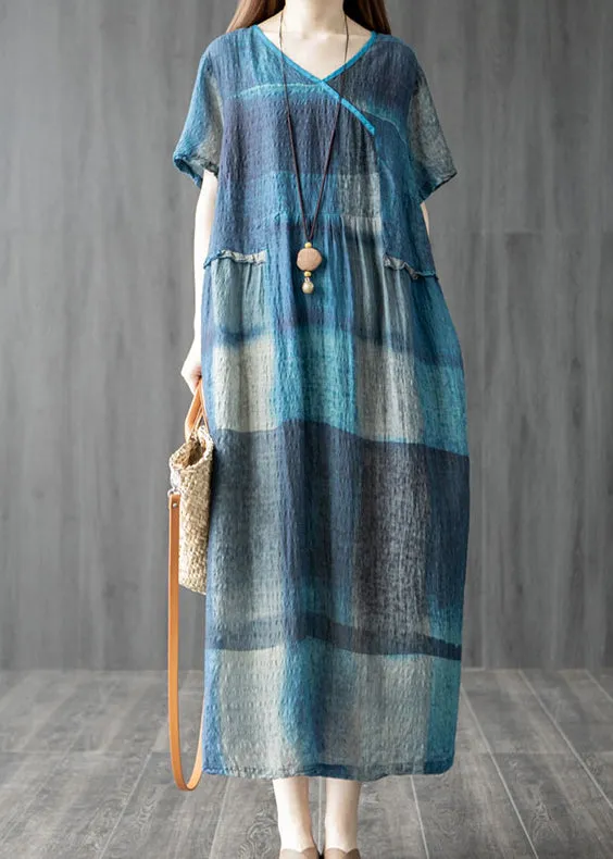 Plus Size Blue Pockets V Neck Plaid Linen Vacation Dresses Short Sleeve