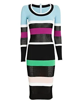 Sergio Hudson, Long Sleeve Fishnet-Paneled Viscose Knit Midi Dress, S, Multicolor