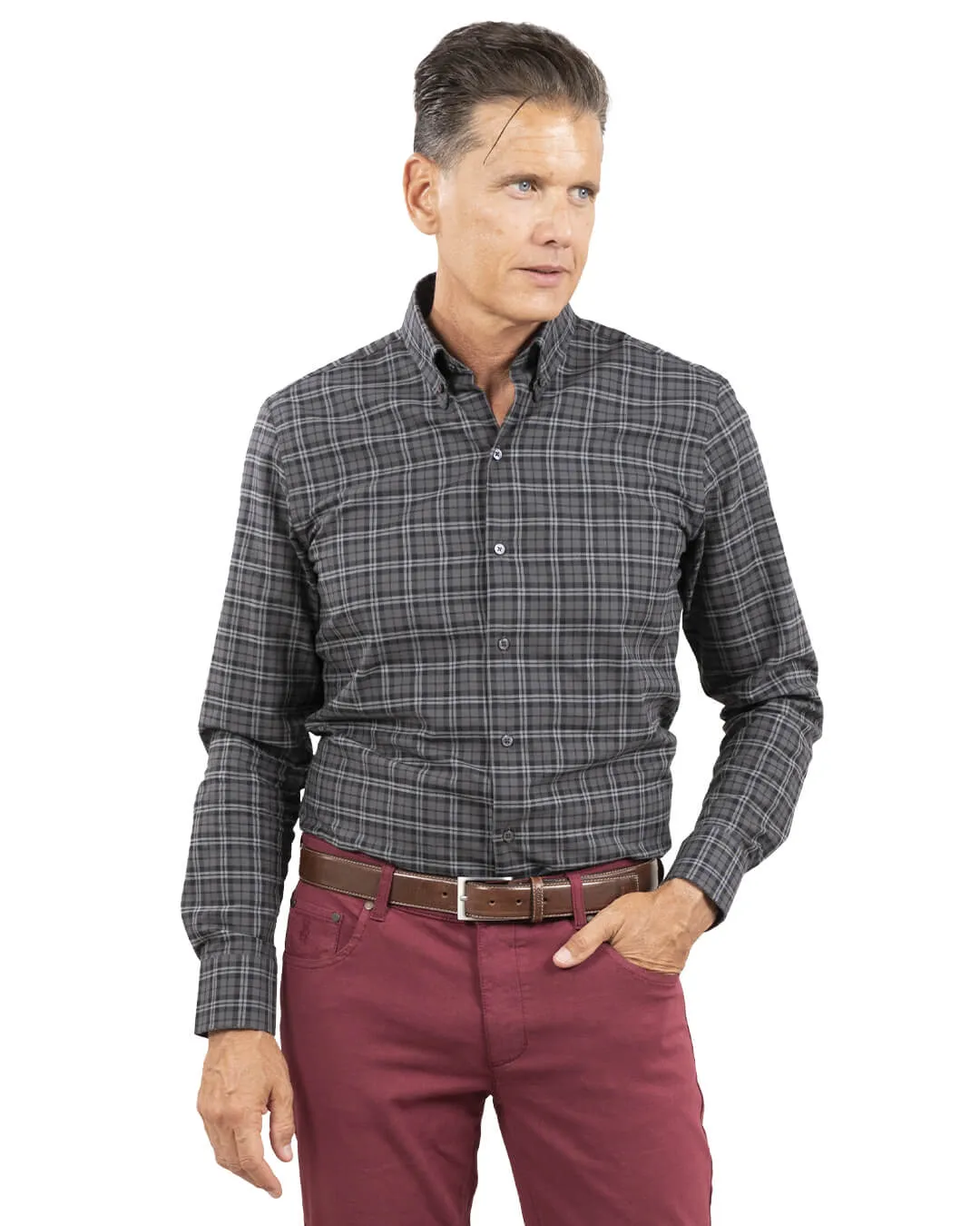 Slim Fit Burgundy Brushed Twill Check Button Down Shirt