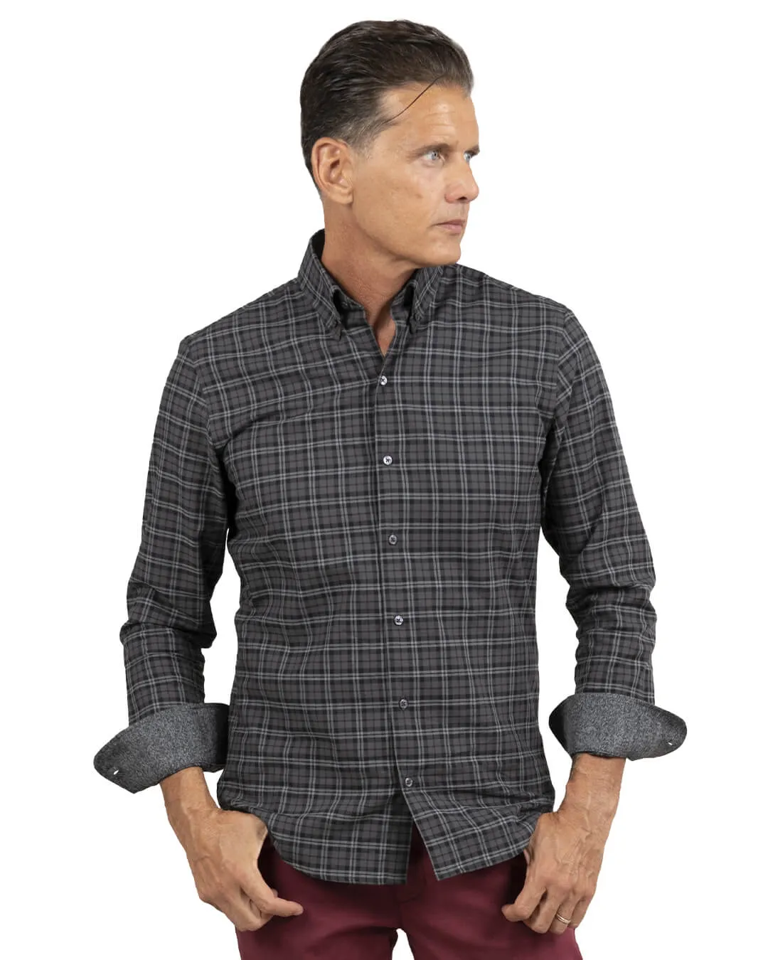 Slim Fit Burgundy Brushed Twill Check Button Down Shirt