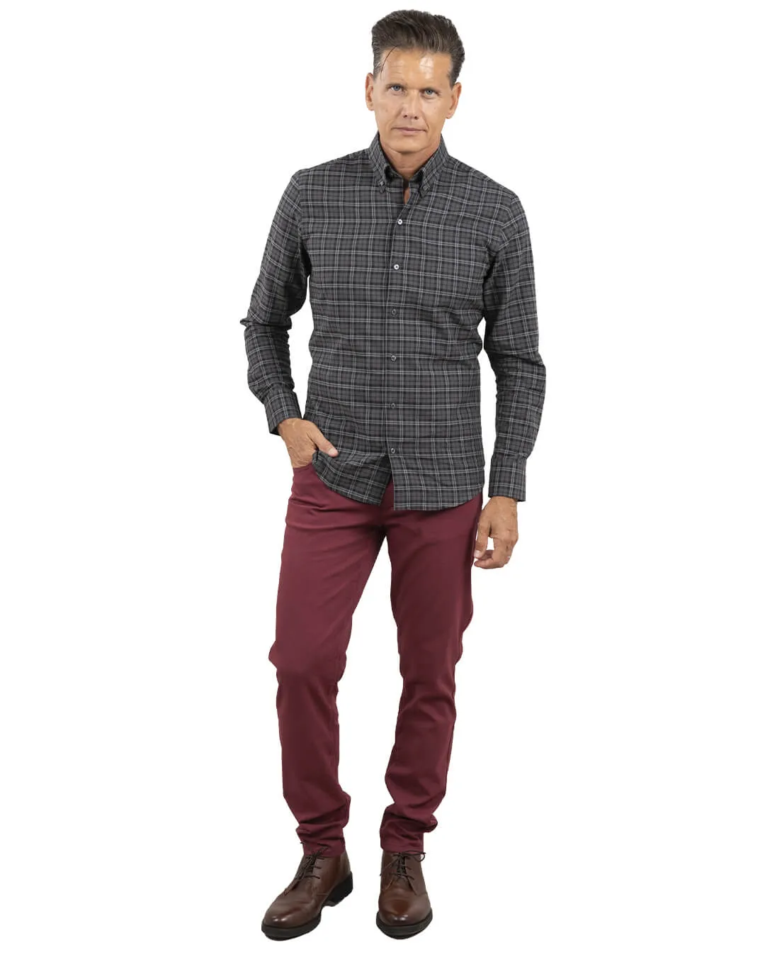 Slim Fit Burgundy Brushed Twill Check Button Down Shirt