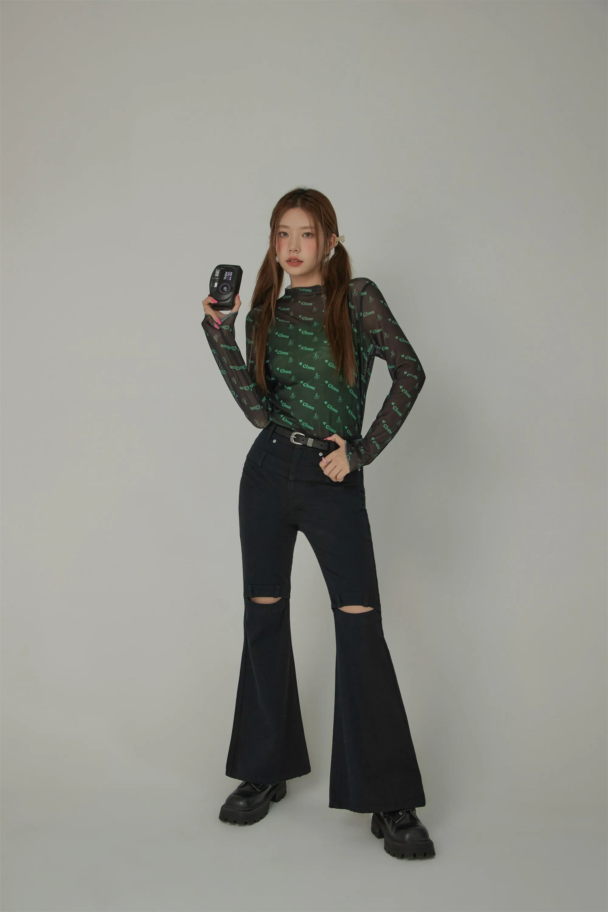 Slit Slim Layered Belt Loops Bootcut Pants