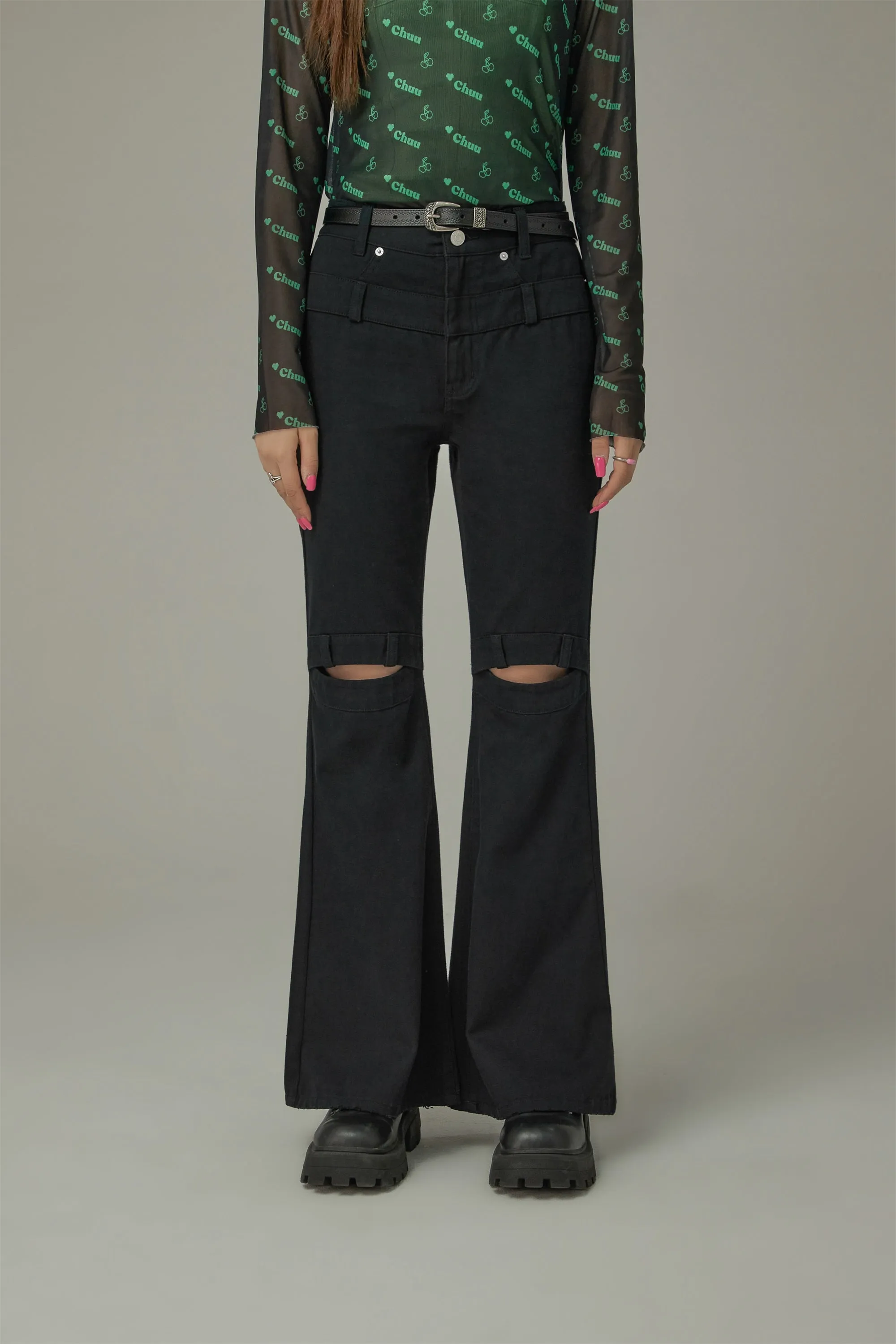 Slit Slim Layered Belt Loops Bootcut Pants