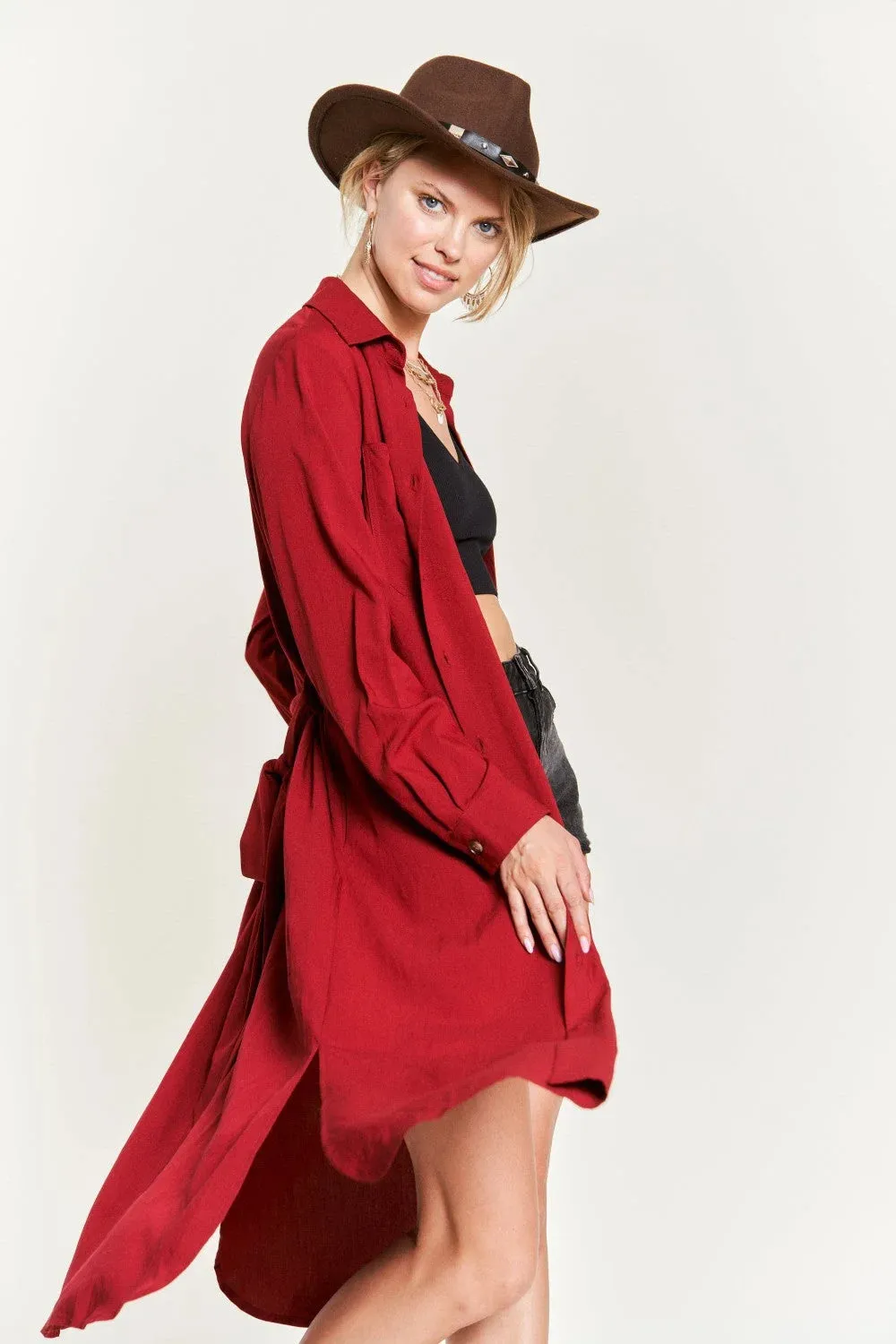 SOLID BUTTON DOWN BELTED LONG RED DRESS