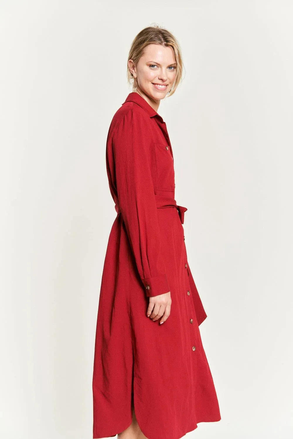 SOLID BUTTON DOWN BELTED LONG RED DRESS